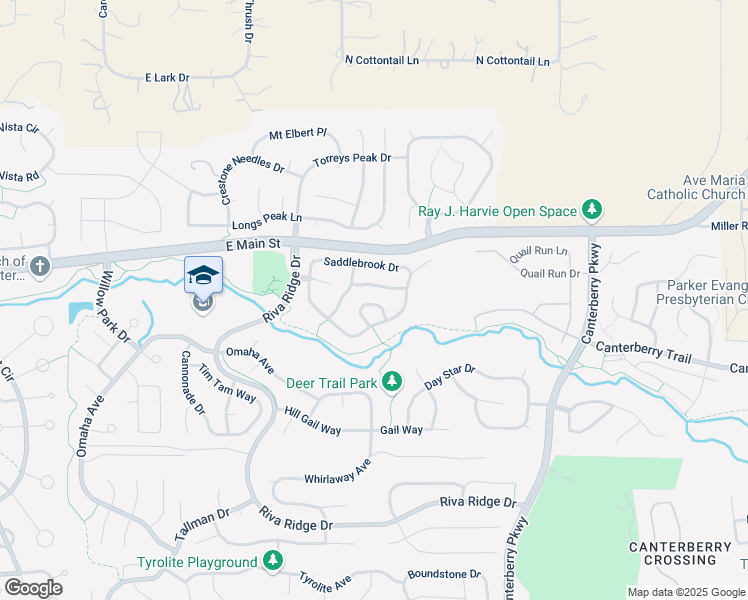 map of restaurants, bars, coffee shops, grocery stores, and more near 21851 Silver Meadow Circle in Parker