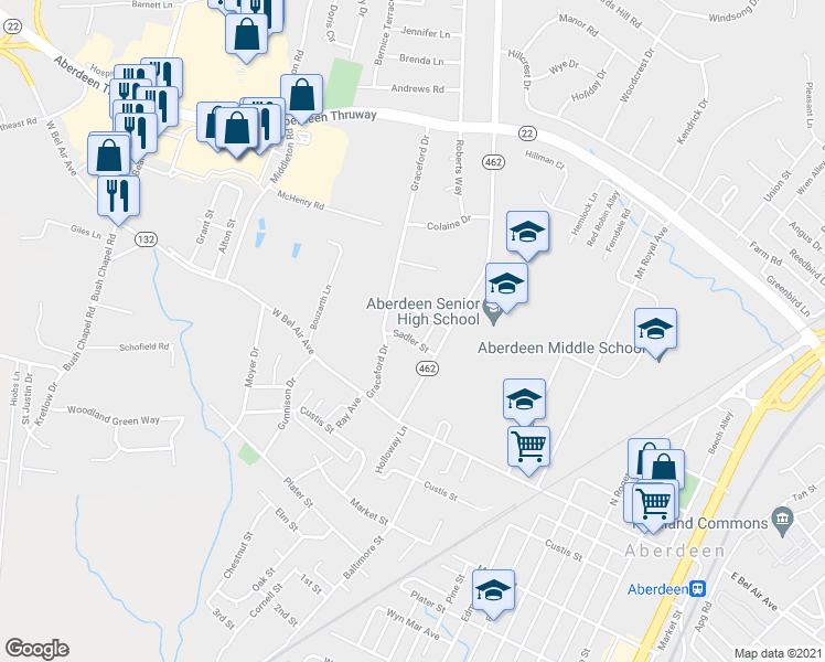 map of restaurants, bars, coffee shops, grocery stores, and more near 627 Sadler Street in Aberdeen