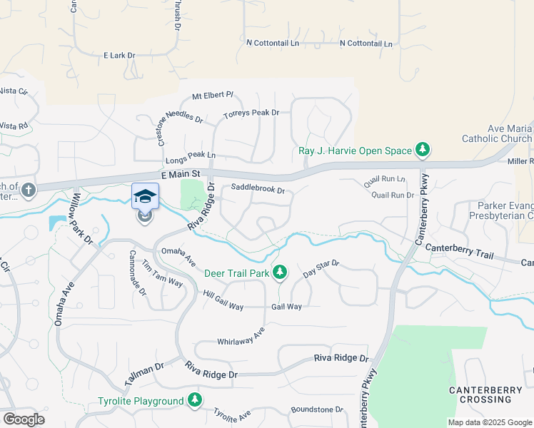 map of restaurants, bars, coffee shops, grocery stores, and more near 21851 Silver Meadow Circle in Parker