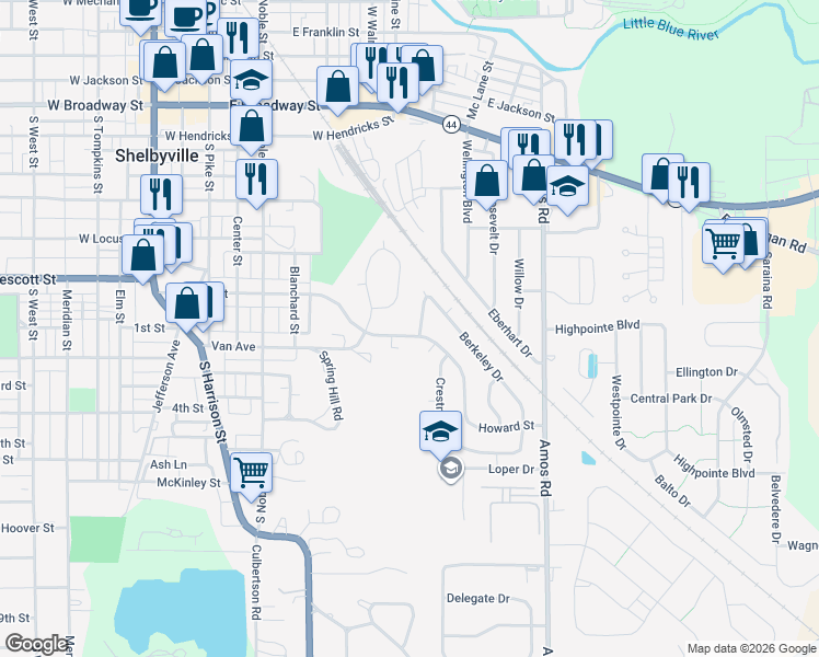 map of restaurants, bars, coffee shops, grocery stores, and more near 522 Howard St in Shelbyville
