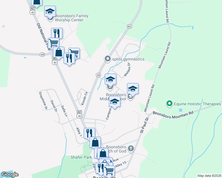 map of restaurants, bars, coffee shops, grocery stores, and more near 10 Campus Avenue in Boonsboro