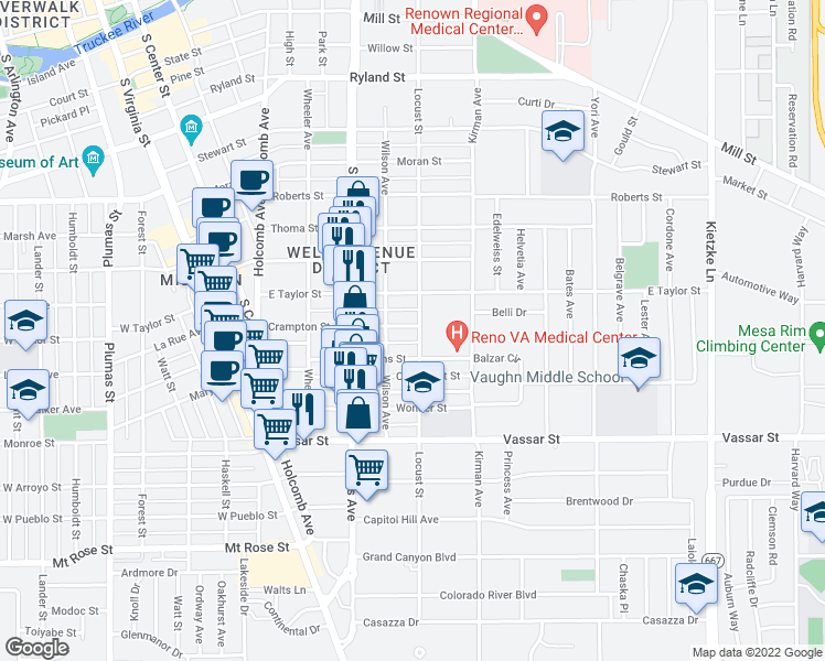 map of restaurants, bars, coffee shops, grocery stores, and more near 540 Crampton Street in Reno