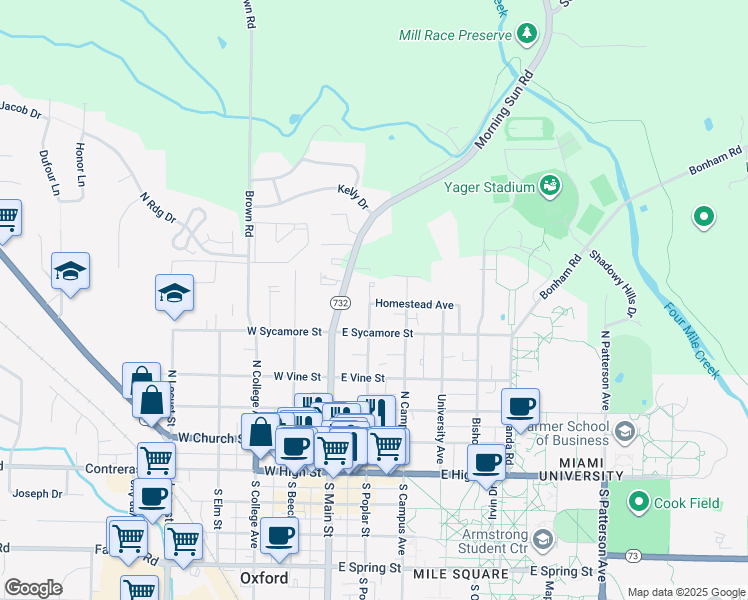 map of restaurants, bars, coffee shops, grocery stores, and more near 420 North Poplar Street in Oxford