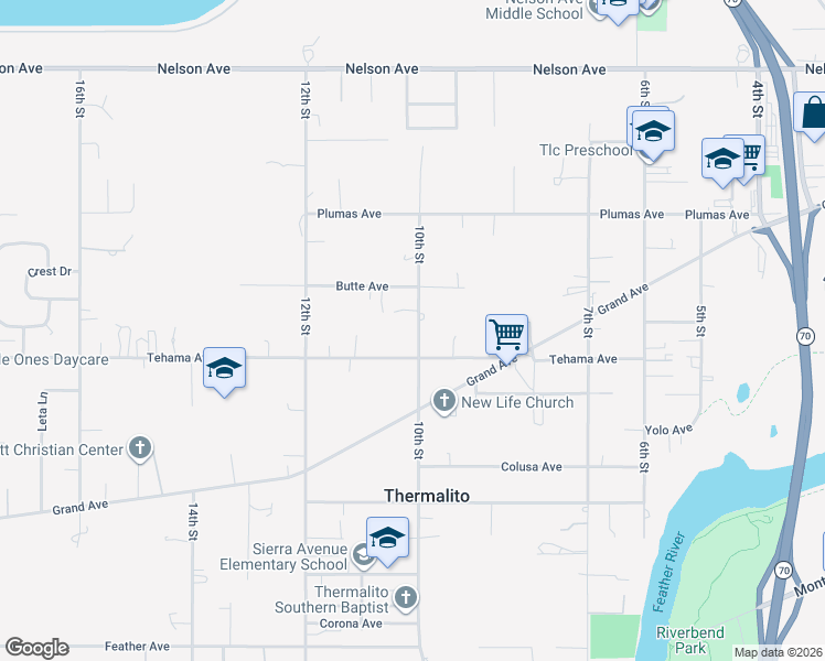 map of restaurants, bars, coffee shops, grocery stores, and more near 1818 10th Street in Oroville