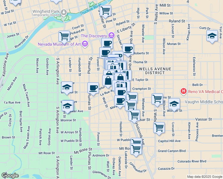 map of restaurants, bars, coffee shops, grocery stores, and more near 95 La Rue Avenue in Reno