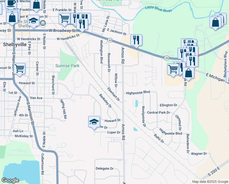 map of restaurants, bars, coffee shops, grocery stores, and more near 614 Willow Drive in Shelbyville