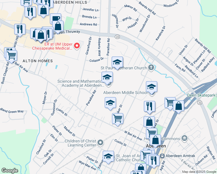 map of restaurants, bars, coffee shops, grocery stores, and more near 251 Paradise Road in Aberdeen