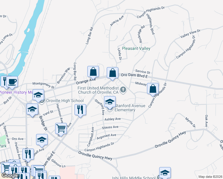 map of restaurants, bars, coffee shops, grocery stores, and more near in Oroville