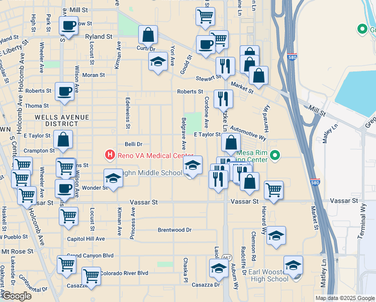 map of restaurants, bars, coffee shops, grocery stores, and more near 945 Belgrave Avenue in Reno