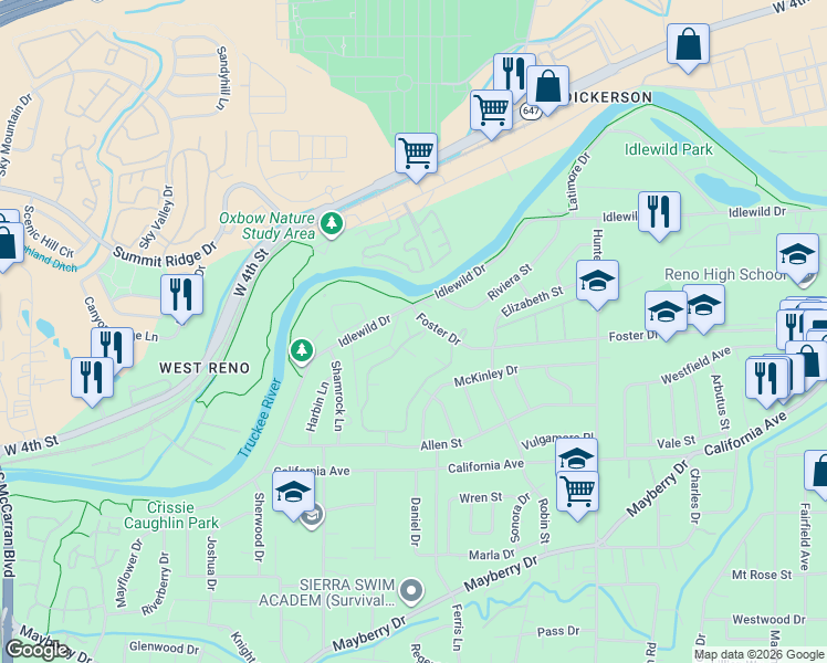 map of restaurants, bars, coffee shops, grocery stores, and more near 370 West Riverview Circle in Reno