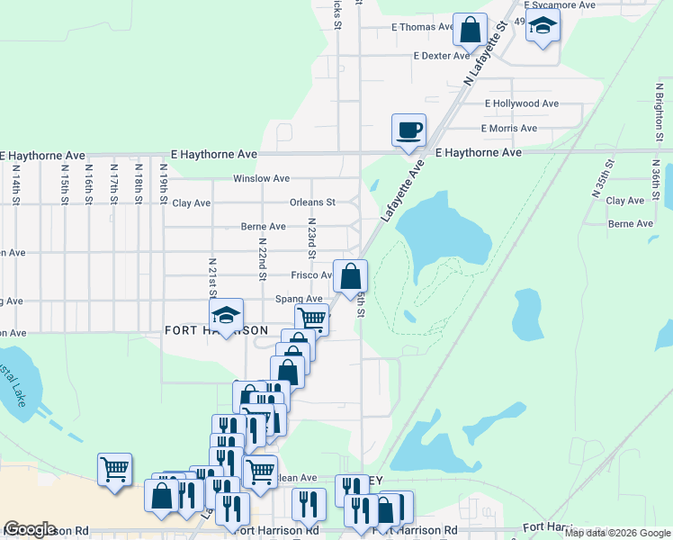 map of restaurants, bars, coffee shops, grocery stores, and more near 2303 Frisco Avenue in Terre Haute