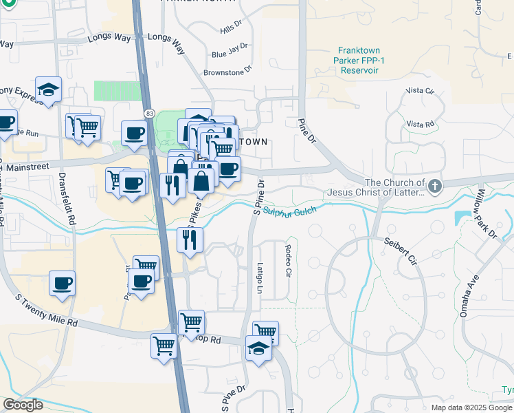 map of restaurants, bars, coffee shops, grocery stores, and more near 11085 South Pine Drive in Parker