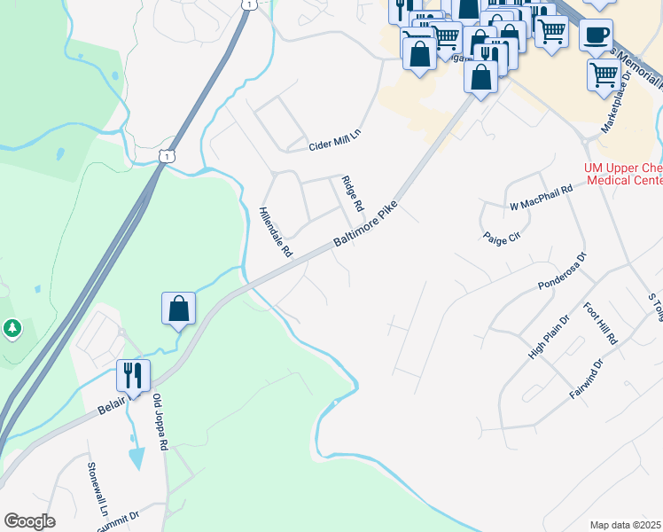 map of restaurants, bars, coffee shops, grocery stores, and more near 302 Locust Lane in Bel Air