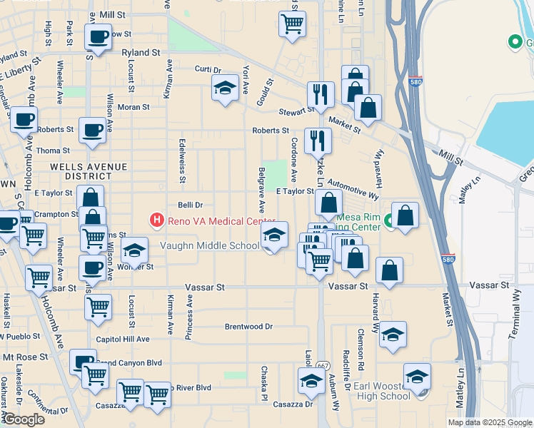 map of restaurants, bars, coffee shops, grocery stores, and more near 945 Belgrave Avenue in Reno
