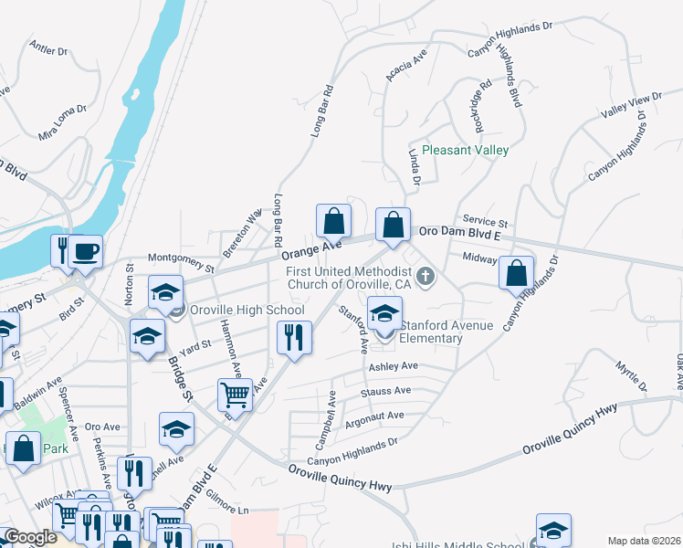 map of restaurants, bars, coffee shops, grocery stores, and more near Oro Dam Boulevard East in Oroville