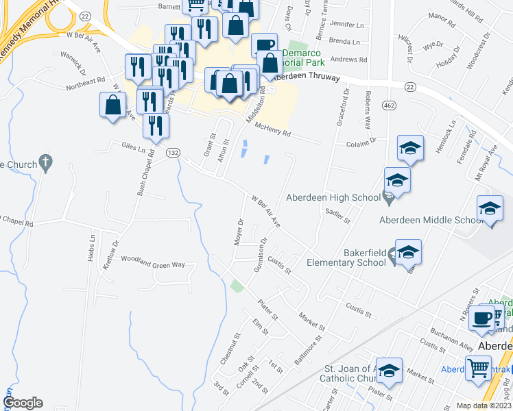 map of restaurants, bars, coffee shops, grocery stores, and more near 662 West Bel Air Avenue in Aberdeen