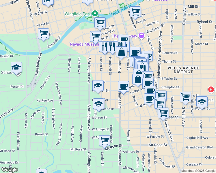 map of restaurants, bars, coffee shops, grocery stores, and more near 850 Humboldt Street in Reno