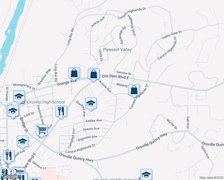 map of restaurants, bars, coffee shops, grocery stores, and more near 0 Highlands Boulevard in Oroville