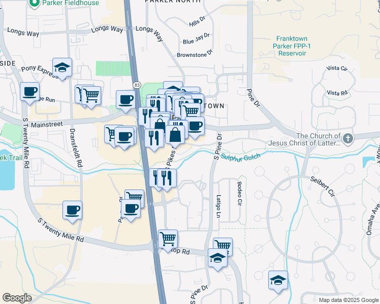 map of restaurants, bars, coffee shops, grocery stores, and more near 19766 Pikes Peak Avenue in Parker