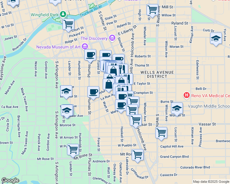 map of restaurants, bars, coffee shops, grocery stores, and more near 95 La Rue Avenue in Reno