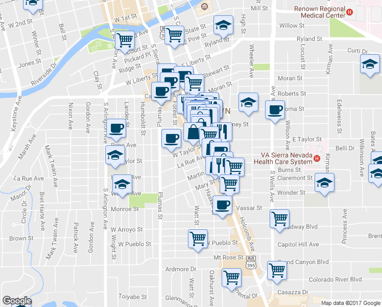 map of restaurants, bars, coffee shops, grocery stores, and more near 95 La Rue Avenue in Reno