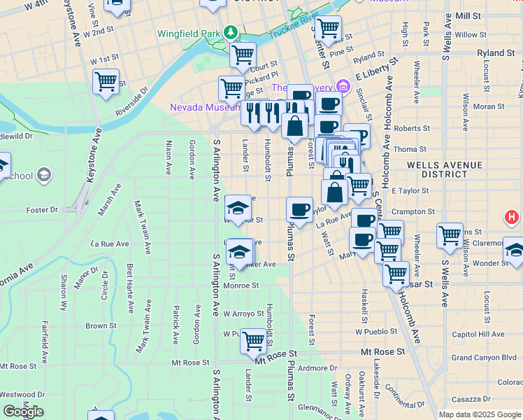 map of restaurants, bars, coffee shops, grocery stores, and more near 850 Humboldt Street in Reno