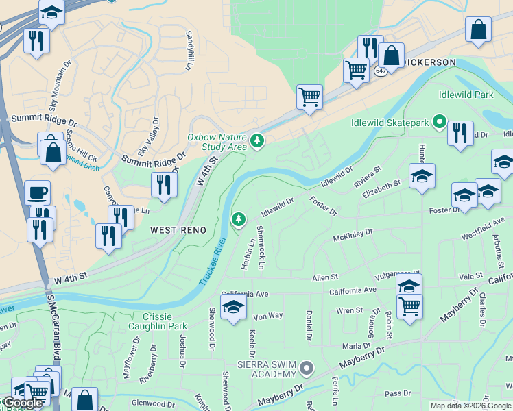 map of restaurants, bars, coffee shops, grocery stores, and more near 450 Tracy Lane in Reno