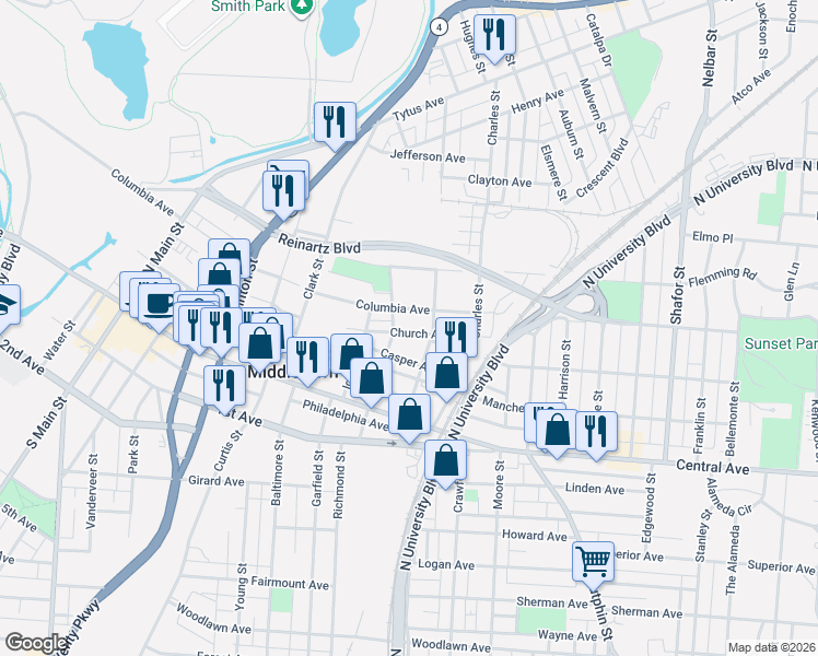 map of restaurants, bars, coffee shops, grocery stores, and more near 126 North Grimes Street in Middletown