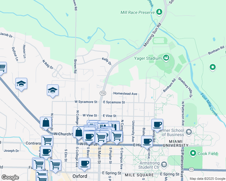 map of restaurants, bars, coffee shops, grocery stores, and more near 420 North Poplar Street in Oxford