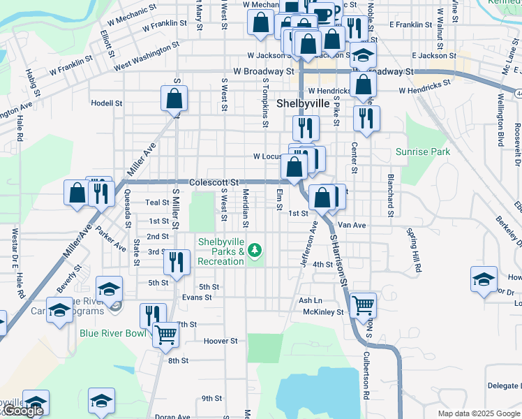 map of restaurants, bars, coffee shops, grocery stores, and more near 854 South Tompkins Street in Shelbyville