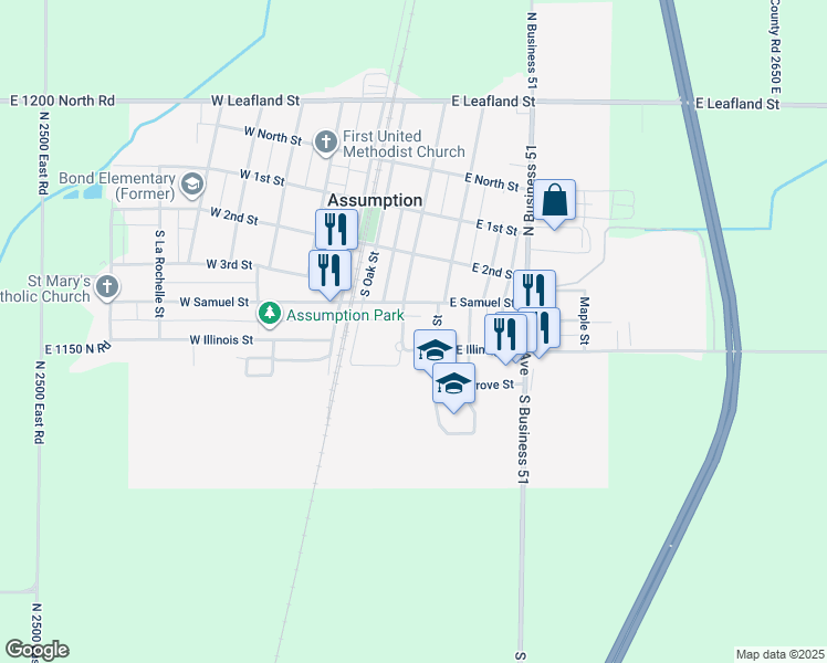 map of restaurants, bars, coffee shops, grocery stores, and more near 304 East Illinois Street in Assumption