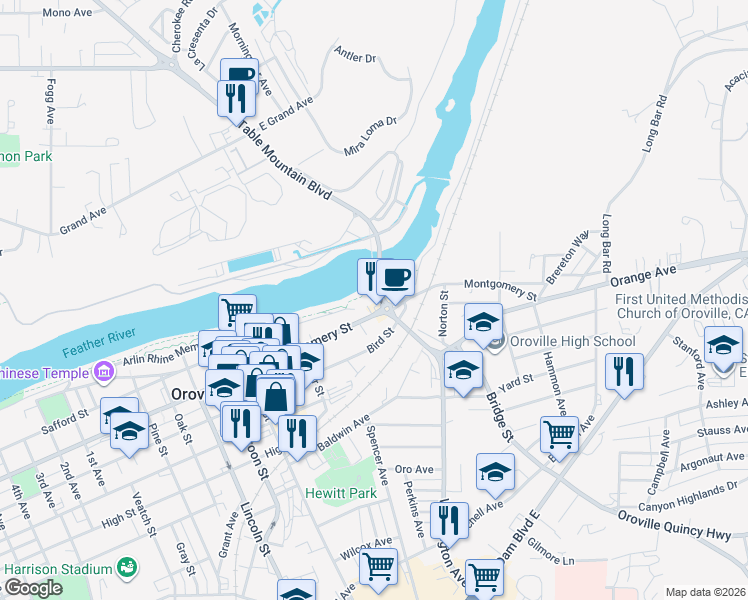map of restaurants, bars, coffee shops, grocery stores, and more near 1355 Washington Avenue in Oroville