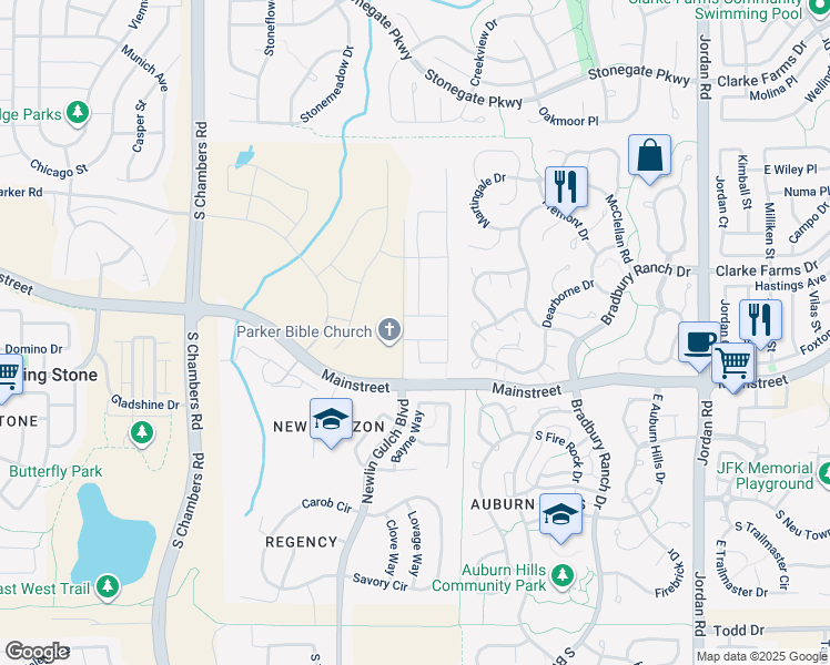 map of restaurants, bars, coffee shops, grocery stores, and more near 15908 Hayloft Lane in Parker