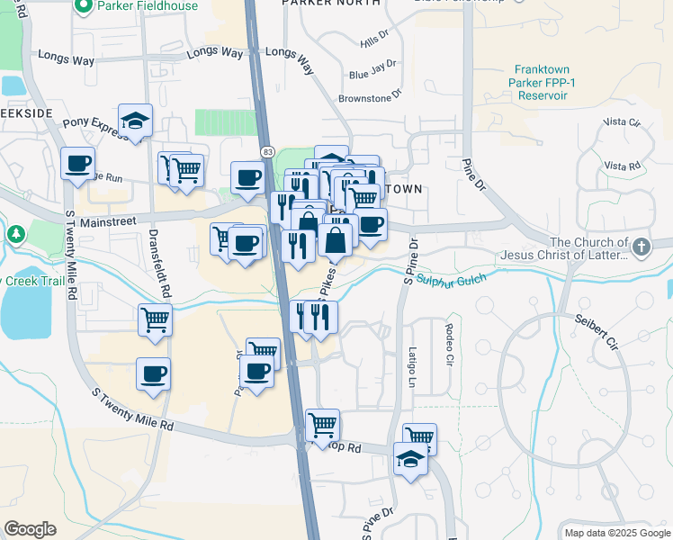 map of restaurants, bars, coffee shops, grocery stores, and more near 11028 South Pikes Peak Drive in Parker