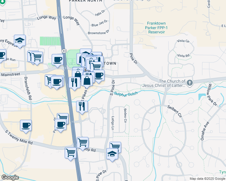 map of restaurants, bars, coffee shops, grocery stores, and more near 11085 South Pine Drive in Parker