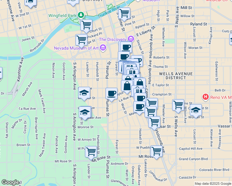 map of restaurants, bars, coffee shops, grocery stores, and more near 800 Forest Street in Reno