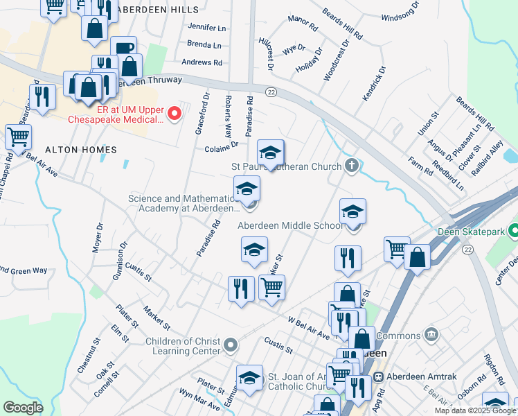 map of restaurants, bars, coffee shops, grocery stores, and more near 251 Paradise Road in Aberdeen