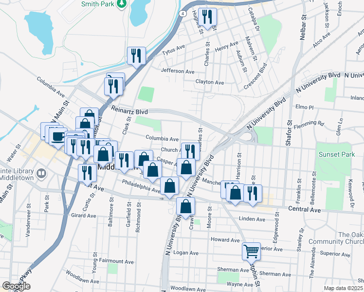 map of restaurants, bars, coffee shops, grocery stores, and more near 209 North Grimes Street in Middletown