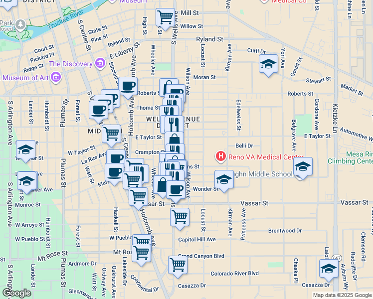 map of restaurants, bars, coffee shops, grocery stores, and more near 1033 Wilson Avenue in Reno