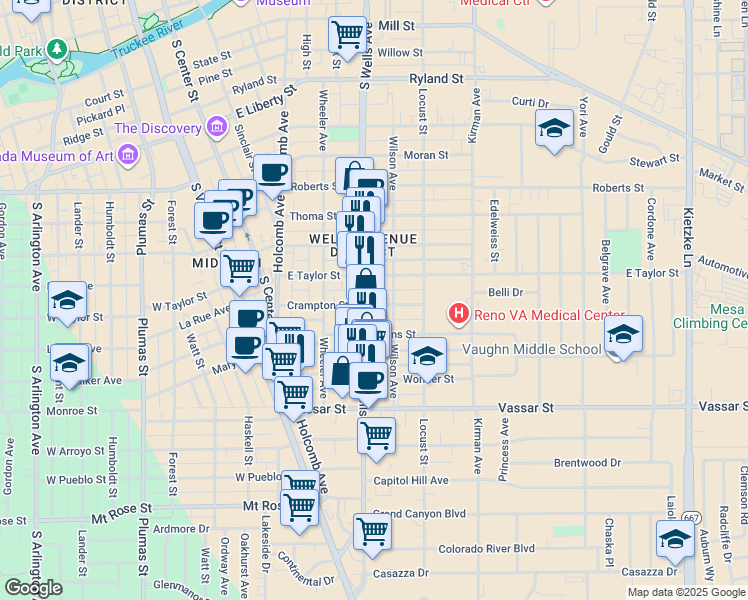 map of restaurants, bars, coffee shops, grocery stores, and more near 1033 Wilson Avenue in Reno