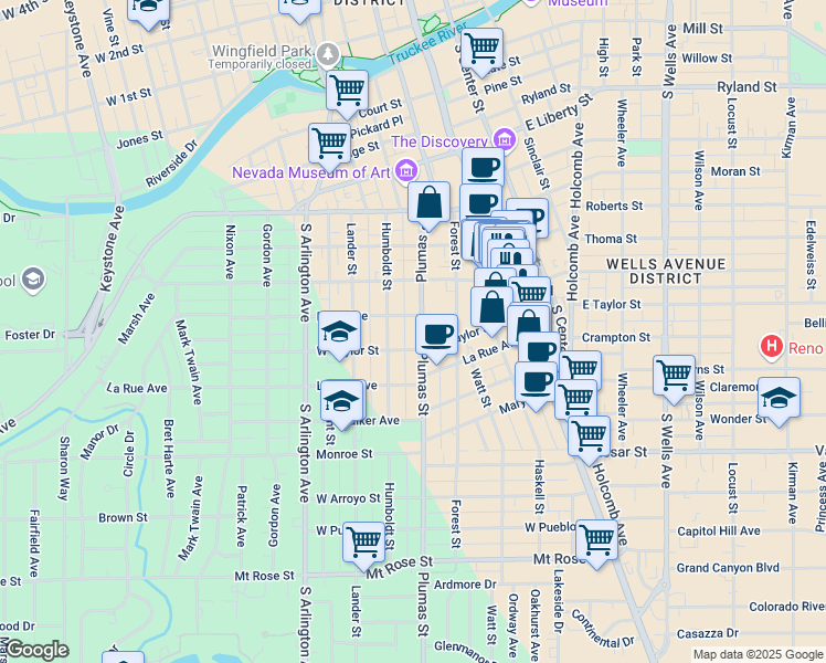 map of restaurants, bars, coffee shops, grocery stores, and more near 912 Plumas Street in Reno
