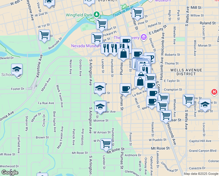 map of restaurants, bars, coffee shops, grocery stores, and more near 850 Humboldt Street in Reno