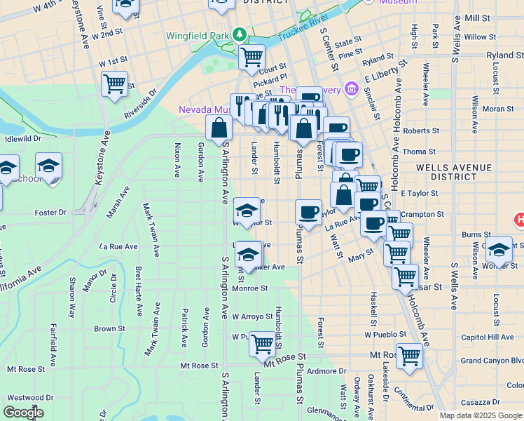 map of restaurants, bars, coffee shops, grocery stores, and more near 895 Lander Street in Reno