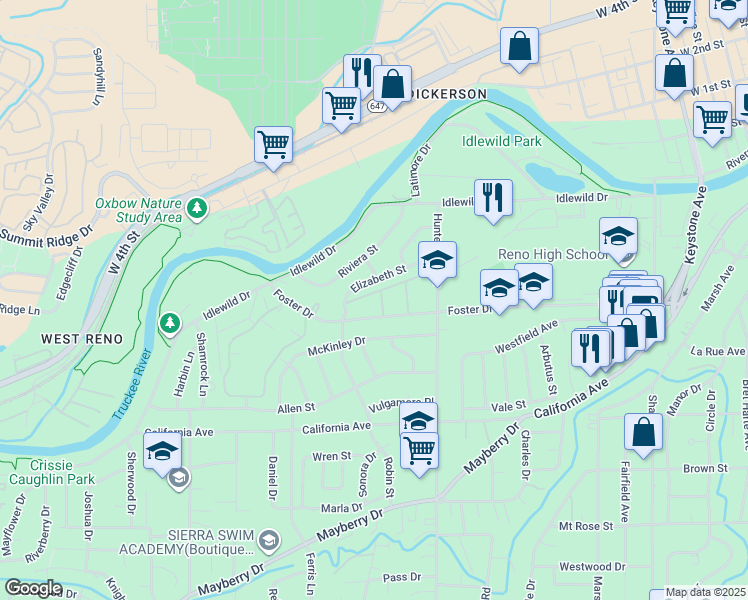 map of restaurants, bars, coffee shops, grocery stores, and more near 1515 Foster Drive in Reno