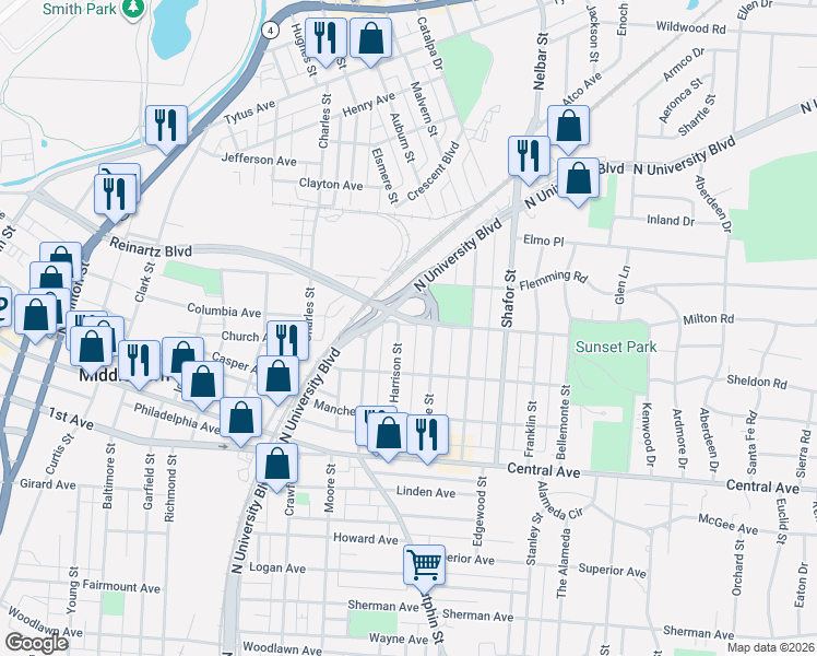 map of restaurants, bars, coffee shops, grocery stores, and more near 217 Harrison Street in Middletown