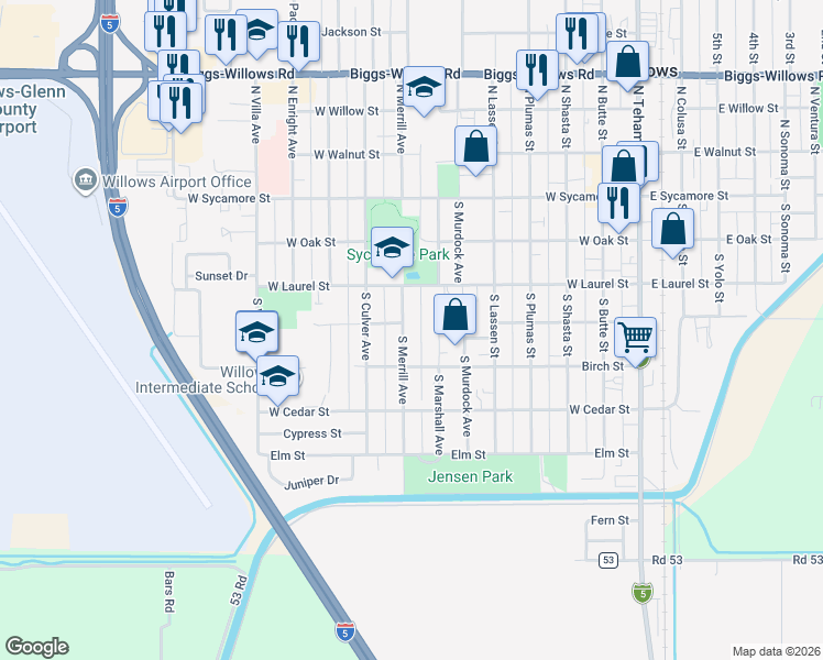 map of restaurants, bars, coffee shops, grocery stores, and more near 408 South Merrill Avenue in Willows