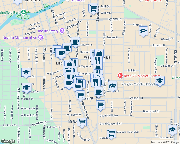 map of restaurants, bars, coffee shops, grocery stores, and more near 315 Crampton Street in Reno