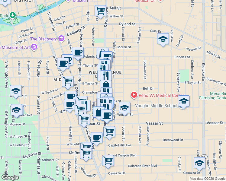 map of restaurants, bars, coffee shops, grocery stores, and more near 1033 Wilson Avenue in Reno