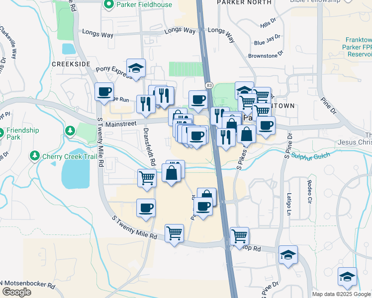 map of restaurants, bars, coffee shops, grocery stores, and more near 11001 South Parker Road in Parker