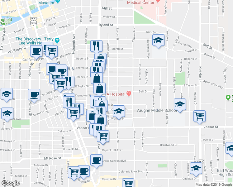 map of restaurants, bars, coffee shops, grocery stores, and more near 545 Crampton Street in Reno